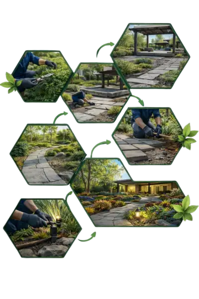 Collage of home landscaping services with garden design, pathway installation, planting, and outdoor lighting