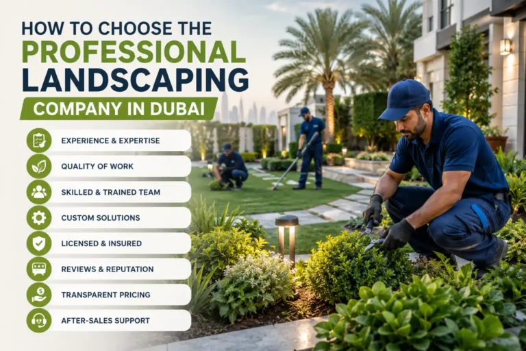 Landscaping team in blue uniforms working in a luxury Dubai villa garden with checklist tips for choosing a professional landscaping company.