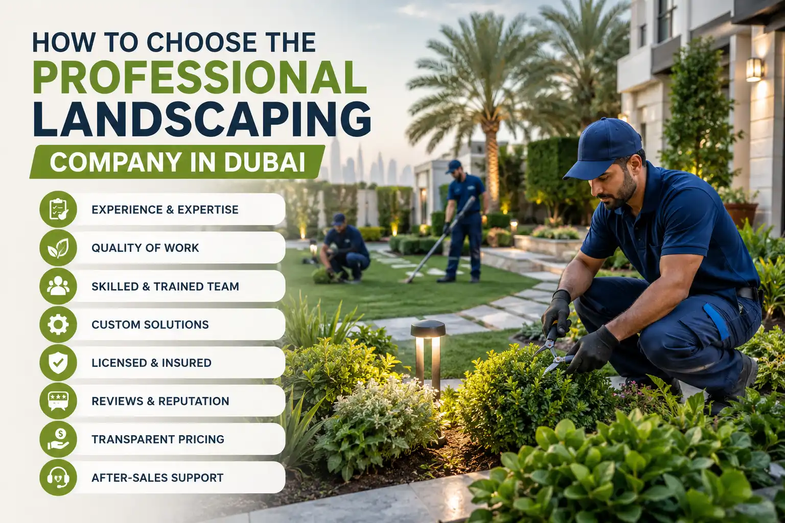 Landscaping team in blue uniforms working in a luxury Dubai villa garden with checklist tips for choosing a professional landscaping company.