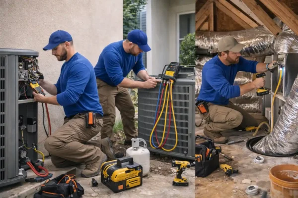 HVAC technicians repairing air conditioning units and duct systems in residential settings