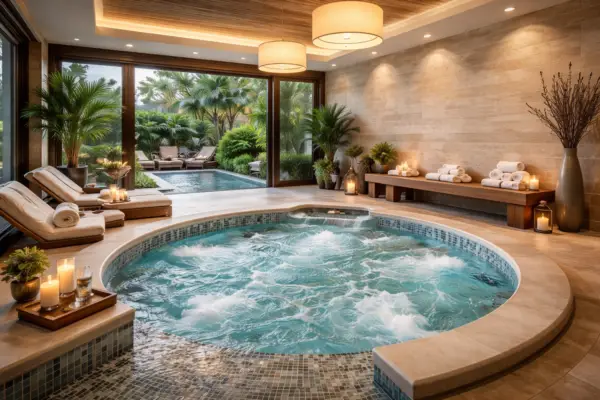 Luxury indoor spa jacuzzi with warm lighting and garden view for relaxation and wellness