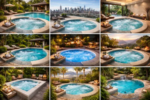 Collection of luxury jacuzzi spa designs including outdoor, indoor, rooftop, and poolside installations