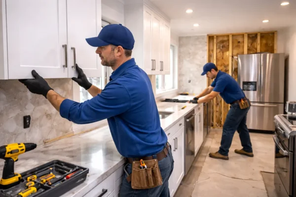 Professional kitchen renovation with workers installing white cabinets and countertops