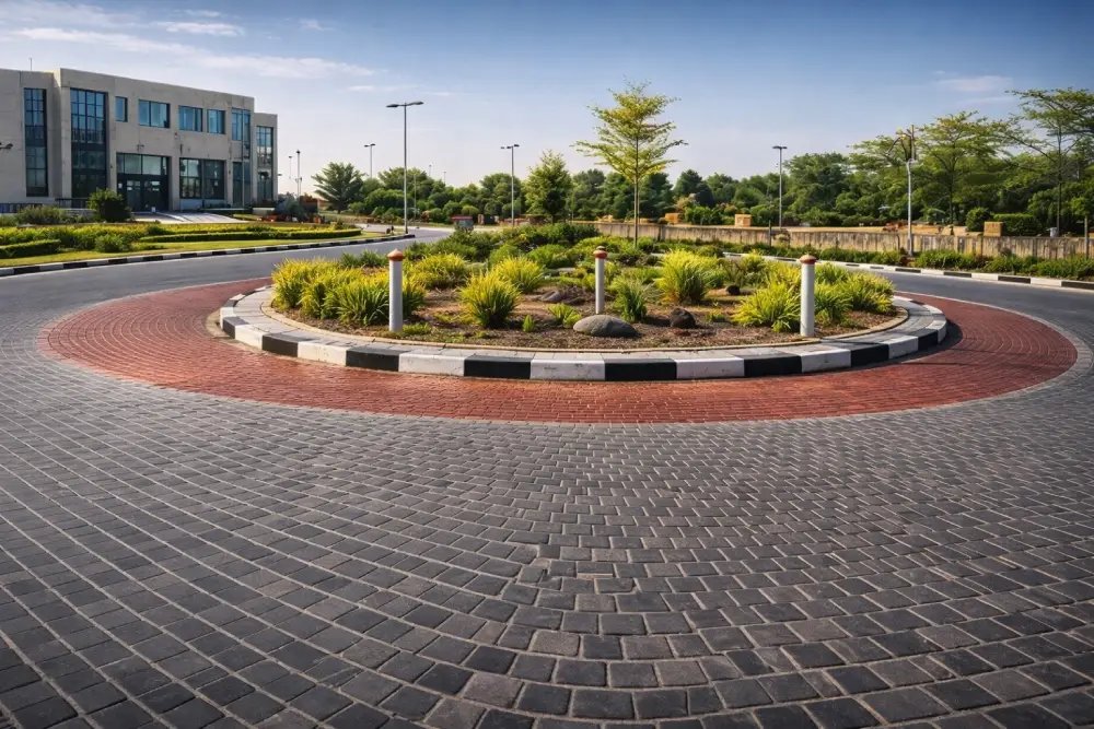 Landscaped roundabout with paving blocks, greenery, and modern building in Dubai