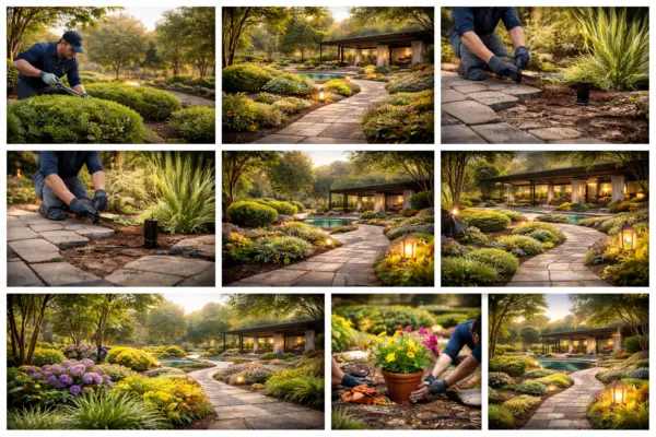 Collage of landscaping services showing garden design, planting flowers, pathway installation, and outdoor lighting setup