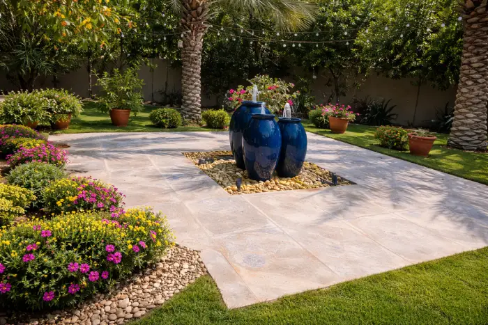 Landscaped garden patio with decorative blue fountain, flowering plants, and tiled outdoor seating area