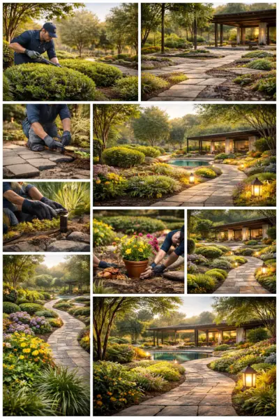 Collage of professional landscaping work including garden design, planting, pathway installation, and outdoor lighting