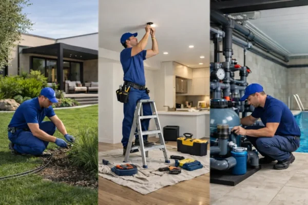 Technicians performing landscaping, electrical installation, and pool system maintenance in residential settings