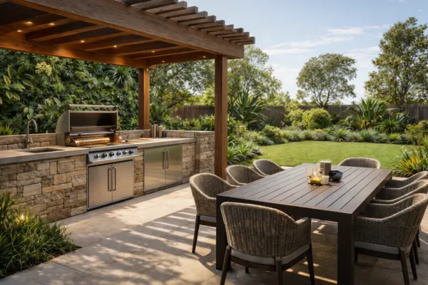 Outdoor BBQ Area with Pergola and Garden Seating
