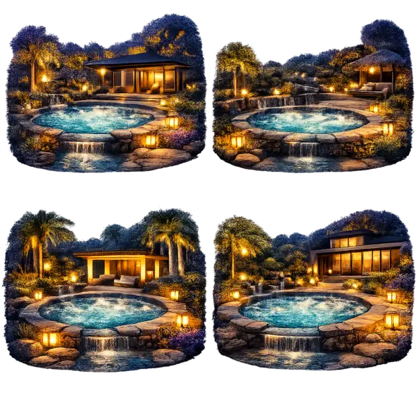 Collection of luxury outdoor jacuzzi designs at night with ambient lighting and landscaped garden settings