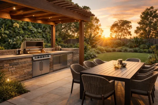 Outdoor kitchen with built-in BBQ grill, pergola, dining table, chairs, and landscaped garden during sunset.