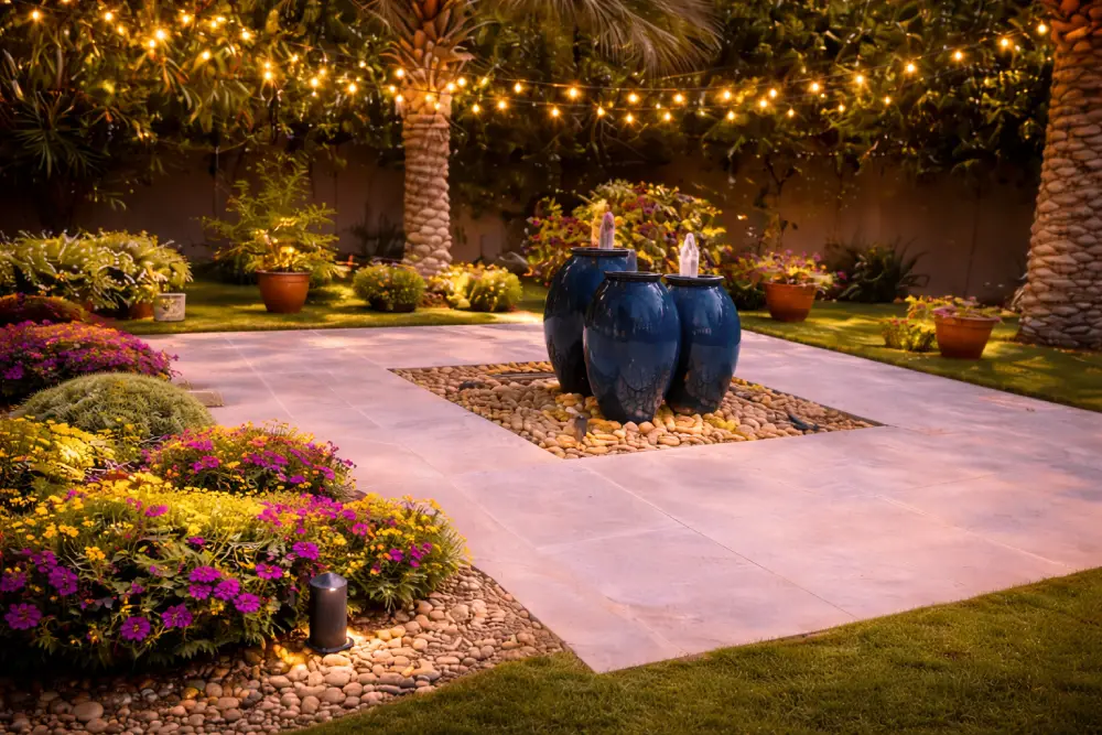Outdoor garden lighting with warm string lights illuminating patio, fountain, and landscaped plants at night