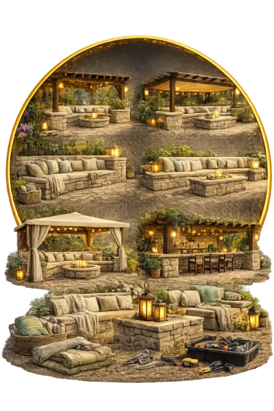 Outdoor seating areas with pergola structures, shade coverings, stone benches, cushions, and ambient garden lighting.