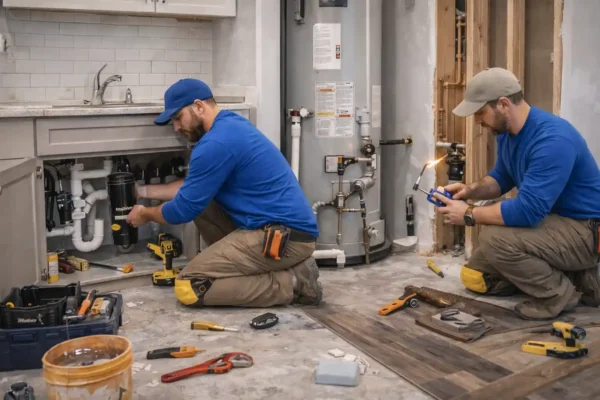 Plumbers repairing kitchen sink pipes and inspecting water heater system during home maintenance