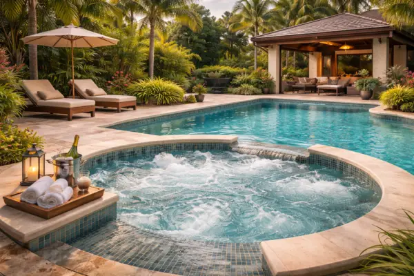 Luxury poolside jacuzzi with bubbling water in a tropical backyard garden setting