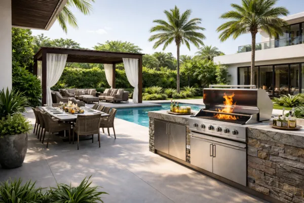 Poolside BBQ setup with built-in grill, outdoor dining table, pergola seating area, and tropical landscaped garden.