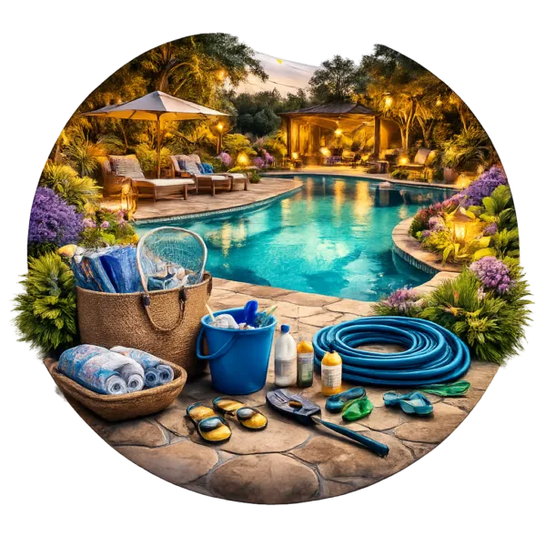 Poolside garden with landscaped plants, outdoor lighting, seating area, and pool maintenance items arranged nearby.
