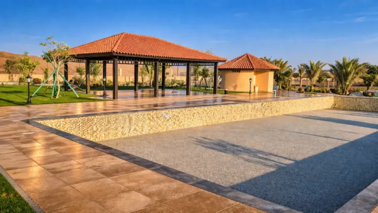 Poolside landscaping with gazebo pavilion, tiled patio and outdoor seating area in Al Ain UAE
