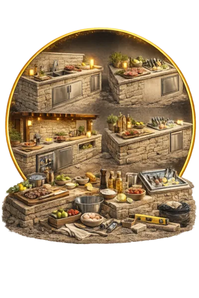 Outdoor BBQ preparation counters with stone finish, food ingredients, cooking tools, and built-in storage for outdoor kitchen use.