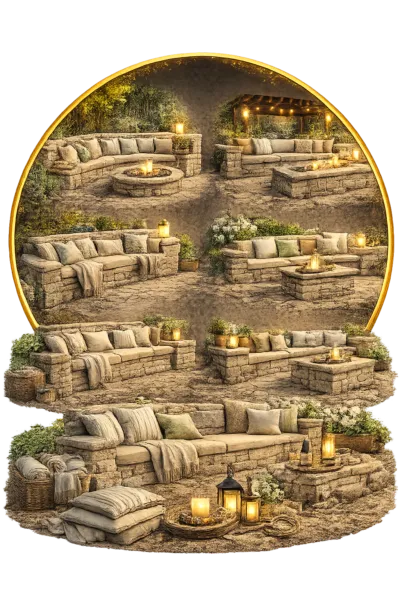 Outdoor seating benches with stone construction, cushions, and fire pit arrangements in a landscaped garden setting.