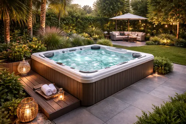 Outdoor luxury jacuzzi spa in landscaped garden with seating area and ambient lighting