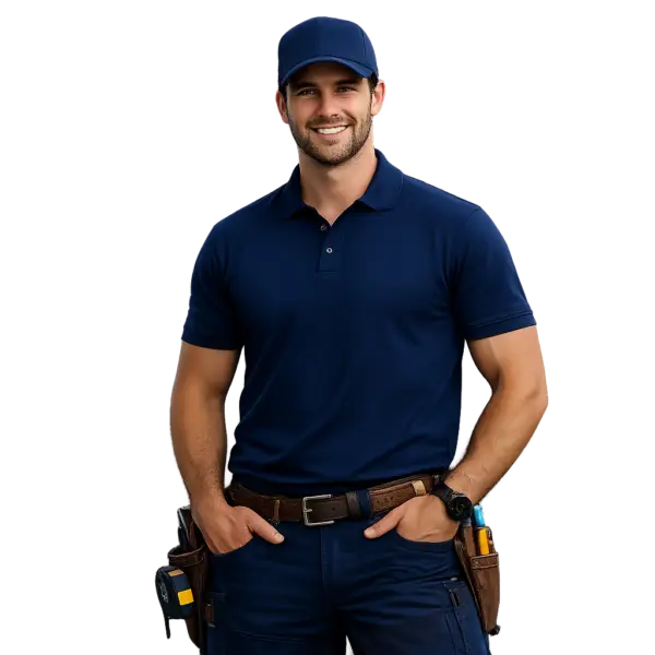 Professional uniformed maintenance worker with tools standing confidently, representing reliable technical services