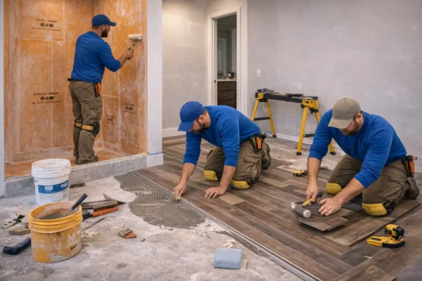 Workers installing wood flooring and tiling wall during home renovation project