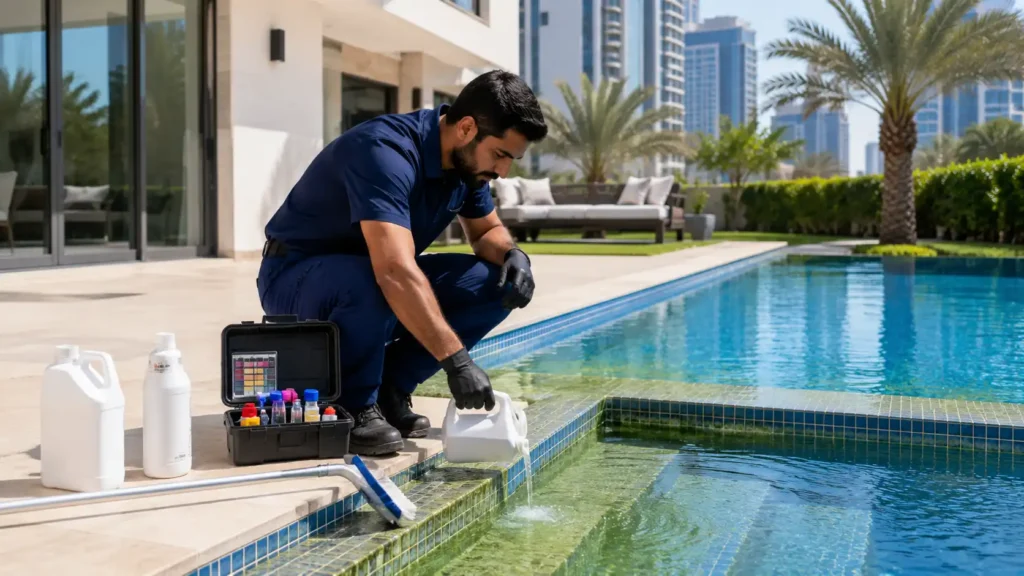 Pool technician adding algae treatment chemicals to a swimming pool beside a villa with water testing kit and cleaning tools.