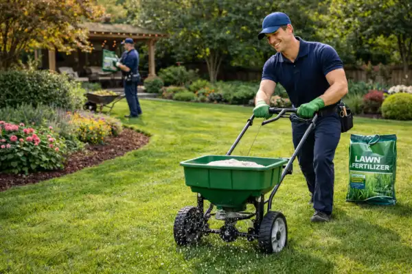 Lawn fertilization services in Dubai with professional gardener spreading fertilizer on green grass for healthy lawn care