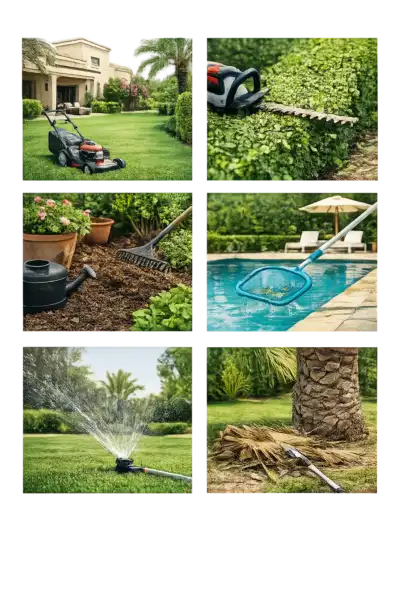 Garden maintenance services in Dubai including lawn mowing, hedge trimming, pool cleaning, irrigation, and landscaping care