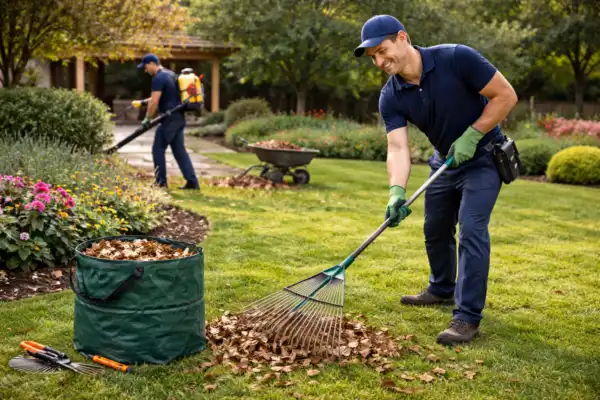 Garden cleaning services in Dubai with professional gardener raking leaves and maintaining outdoor landscape