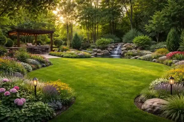 Luxury Garden Lawn with Pergola and Waterfall Feature