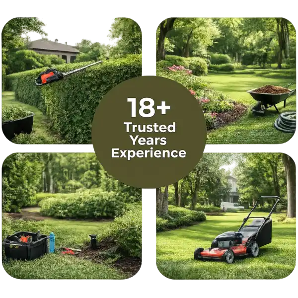 Professional garden maintenance services in Dubai showing lawn mowing, hedge trimming, landscaping tools and 18+ years trusted experience