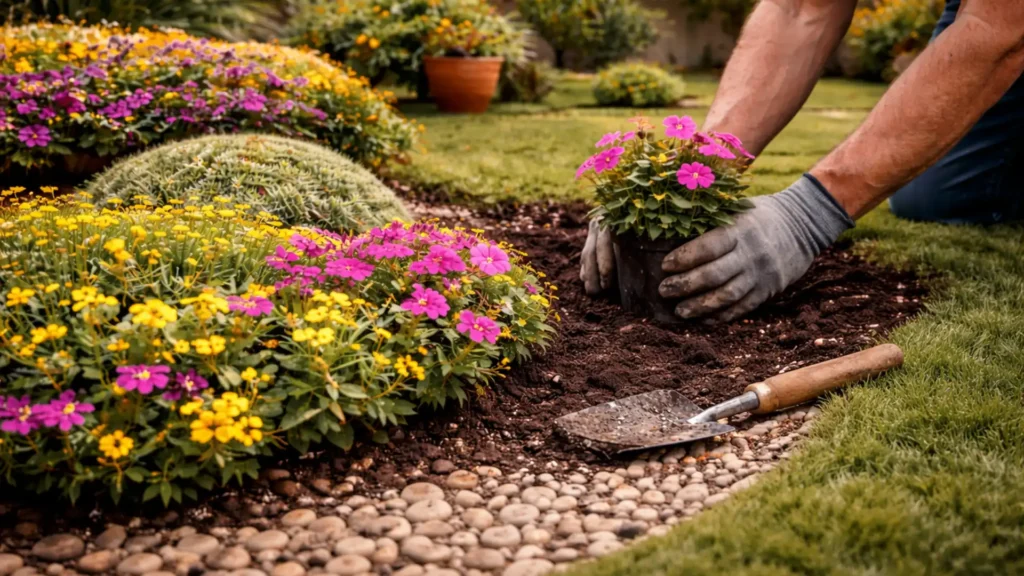 Professional gardener planting colorful flowers in landscaped garden bed with decorative stones and fresh lawn