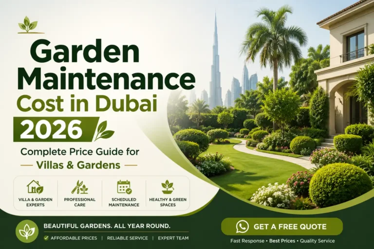 Featured image for a Dubai garden maintenance cost guide showing a luxury villa garden, green landscaping, and 2026 price guide text.