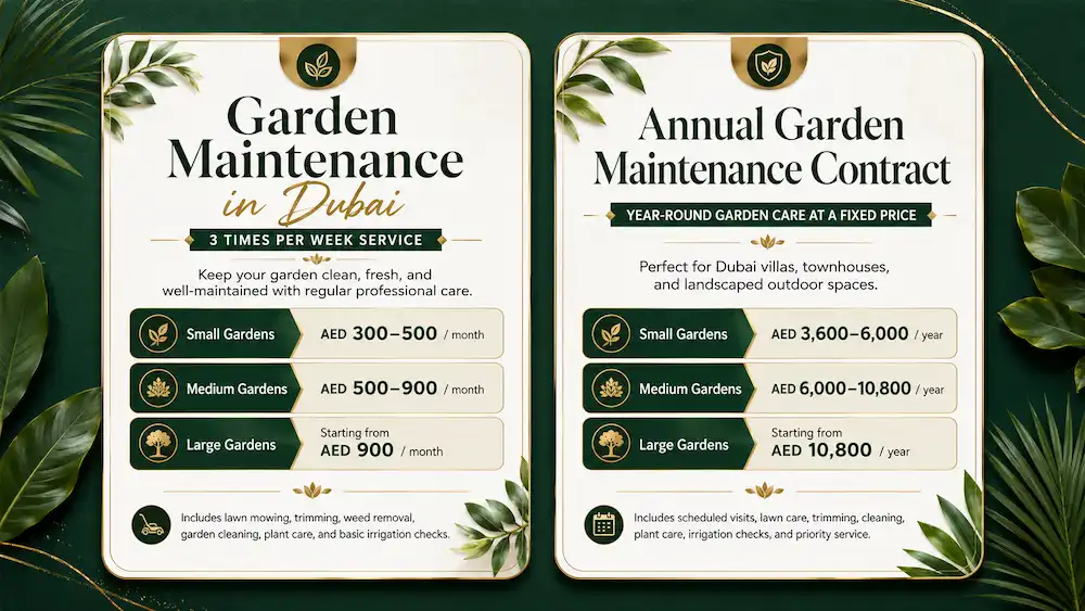 Premium garden maintenance pricing cards for Dubai, showing monthly and annual packages with small, medium, and large garden service rates.