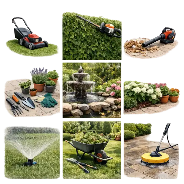 Complete garden maintenance services in Dubai including lawn mowing, hedge trimming, irrigation, landscaping, leaf cleaning, and pressure washing