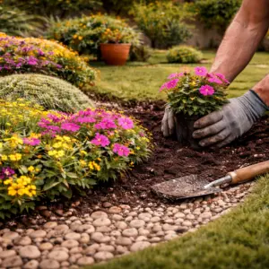 Professional gardener planting colorful flowers in landscaped garden bed with decorative stones and fresh lawn