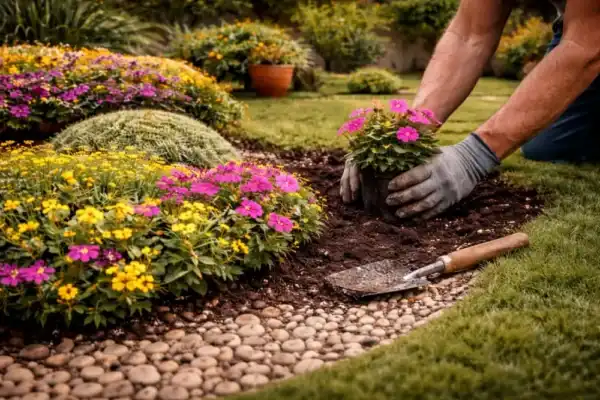 Professional gardener planting colorful flowers in landscaped garden bed with decorative stones and fresh lawn