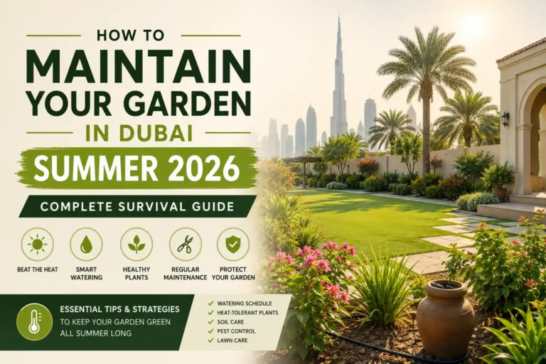 Featured image for a Dubai summer garden maintenance guide showing a landscaped villa garden, palm trees, heat protection, smart watering, and plant care tips.