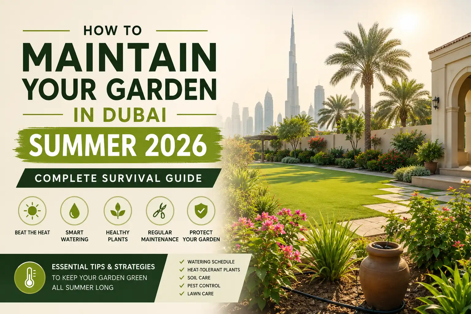 Featured image for a Dubai summer garden maintenance guide showing a landscaped villa garden, palm trees, heat protection, smart watering, and plant care tips.