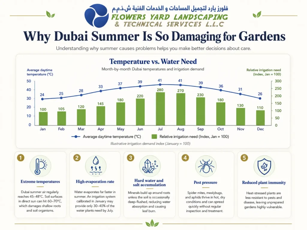 Infographic showing Dubai monthly temperatures and irrigation needs, explaining why extreme summer heat, evaporation, hard water, pests, and plant stress damage gardens.