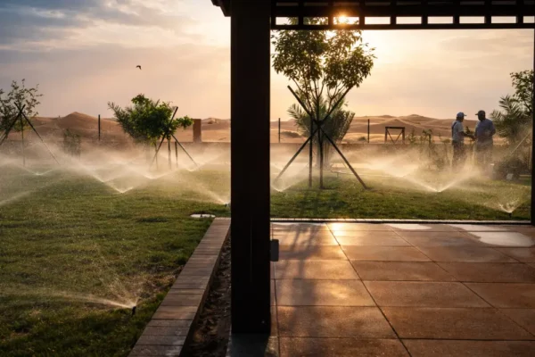 Automatic lawn irrigation system with sprinklers in Dubai garden