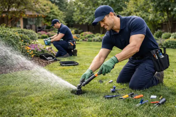 Irrigation system installation and sprinkler repair services in Dubai with gardener fixing lawn watering system