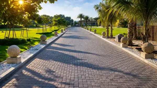 Luxury landscaped driveway leading to a modern villa, lined with palm trees, manicured lawns, decorative stone spheres, and glowing morning sunlight.