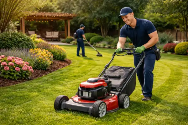 Professional lawn mowing service in Dubai with gardener cutting grass in landscaped garden with flowers and greenery