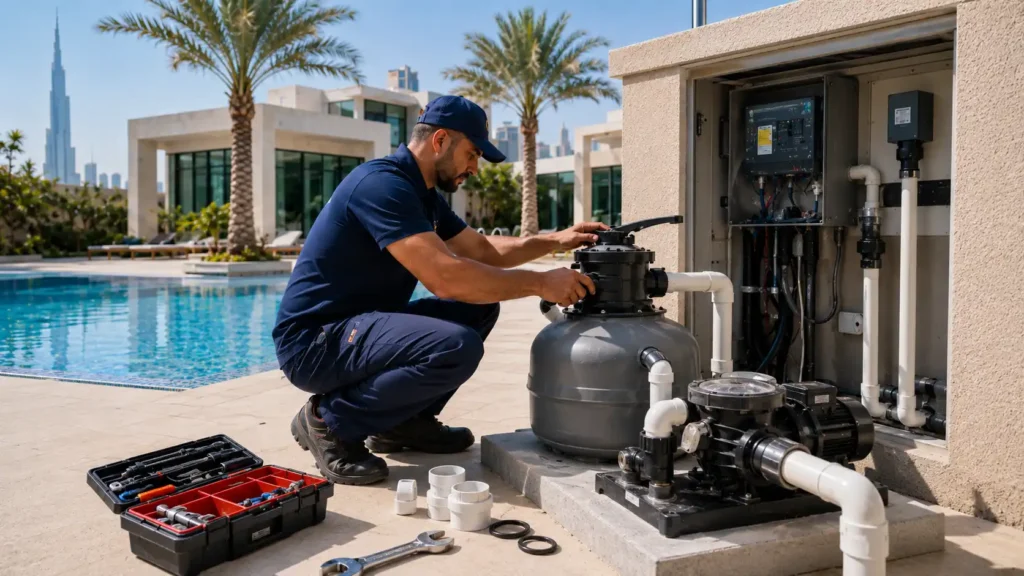 Pool technician servicing a swimming pool filtration system, pump, and pipework beside a luxury villa pool.