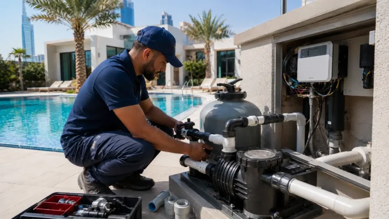 Pool technician repairing swimming pool pump and filtration equipment beside a residential pool in Dubai.