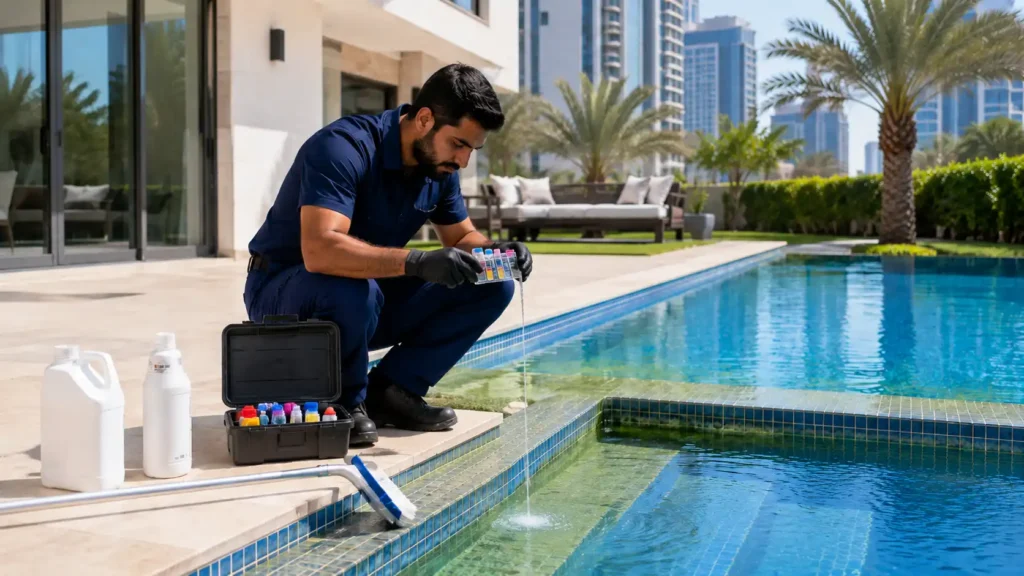 Pool technician testing and treating swimming pool water with a chemical test kit beside a residential villa pool.
