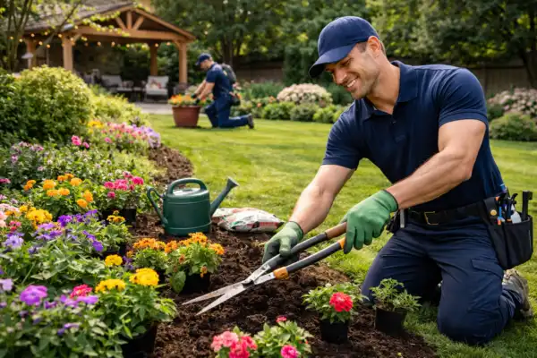 Seasonal flower planting services in Dubai with professional gardener planting colorful flowers in landscaped garden